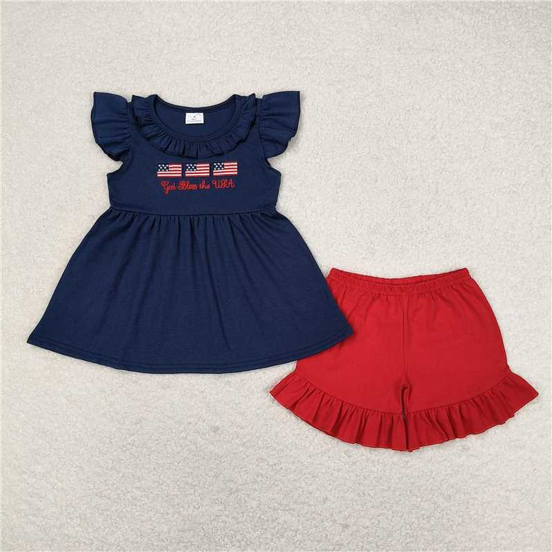 GSSO0805 Embroidery god bless embroidered national flag navy blue lace flying sleeves red shorts set