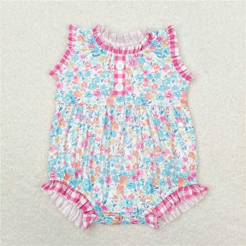 SR1245 Baby Girls Pink Blue Floral Ruffle Rompers