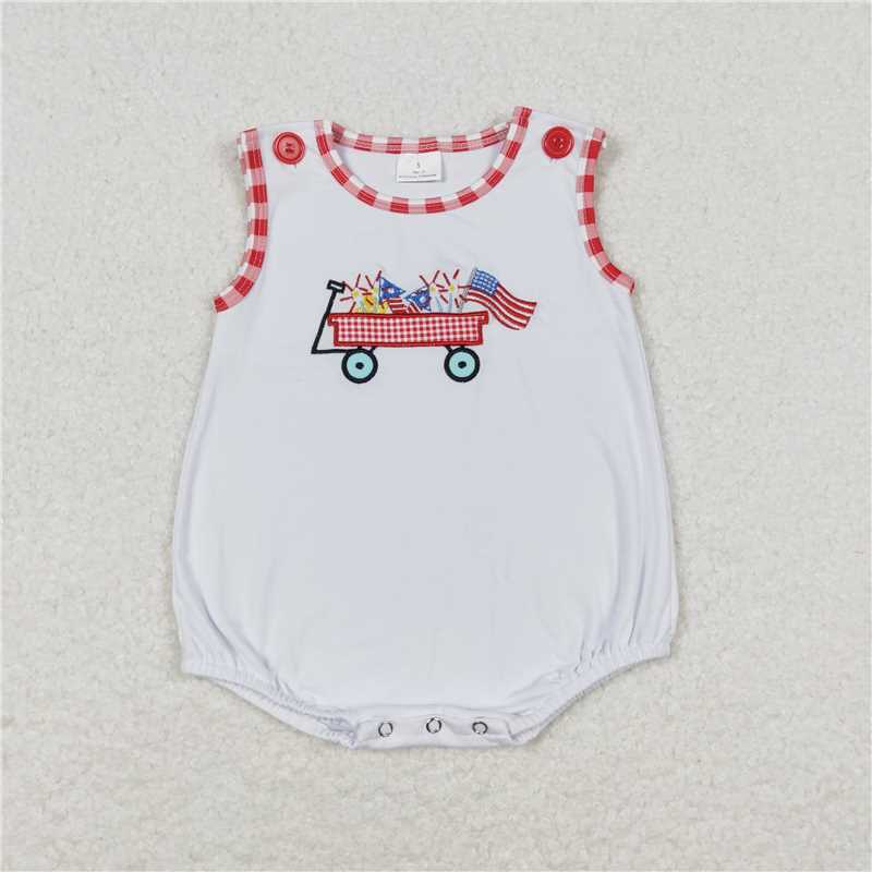 SR1078 Embroidery Baby Infant Boys 4th Of July Flag Tractor Sleeveless Summer Rompers