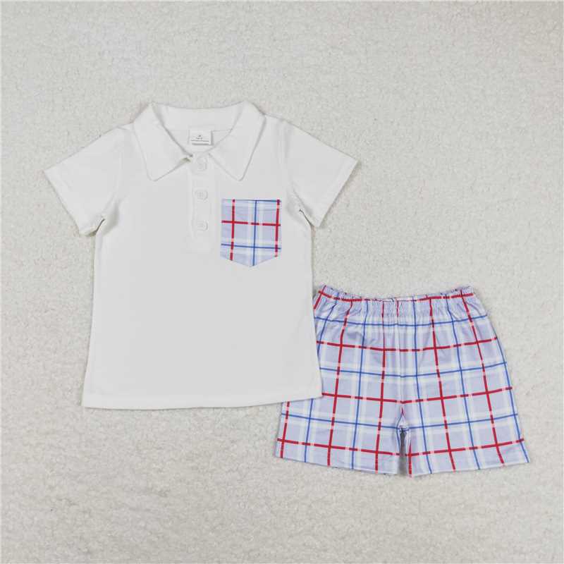 BSSO0651 Baby Boys White Pocket Shirt Checkered Shorts Clothes Sets