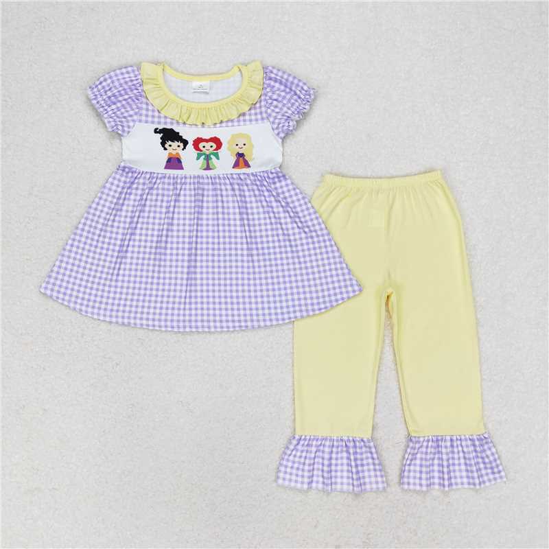 GSPO1535 hocus pocus witch purple plaid short-sleeved yellow trousers suit