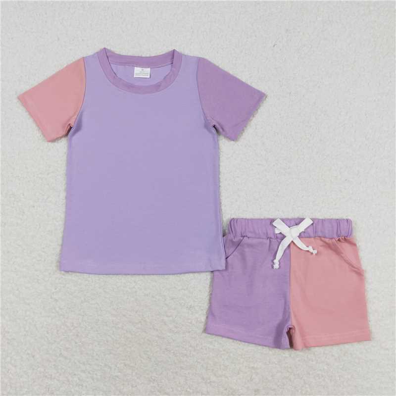 GSSO1270 Pink and purple contrasting short-sleeved shorts set