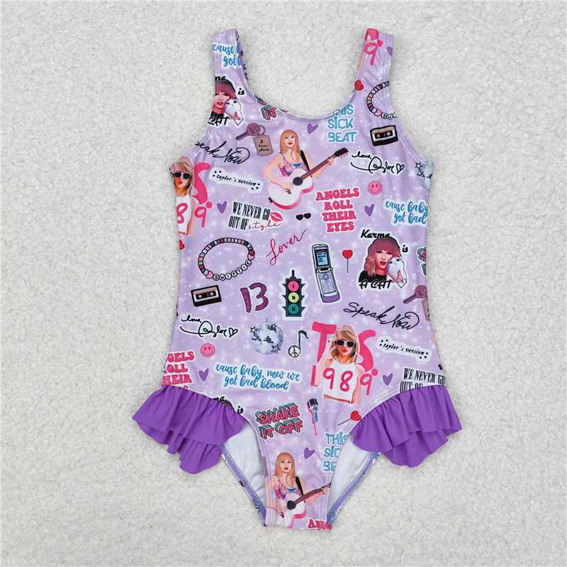 S0388 Baby Girls Purple Sleeveless Ruffle One Piece Swimsuits