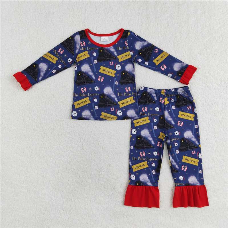 GLP1314Long sleeves believe train kids girls Christmas pajamas