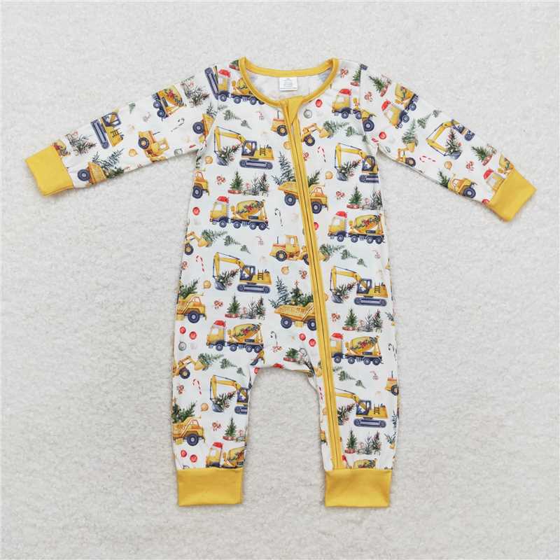USA Shop (in stock) LR1332 Modal Christmas tree construction truck beige zipper long-sleeved jumpsuit