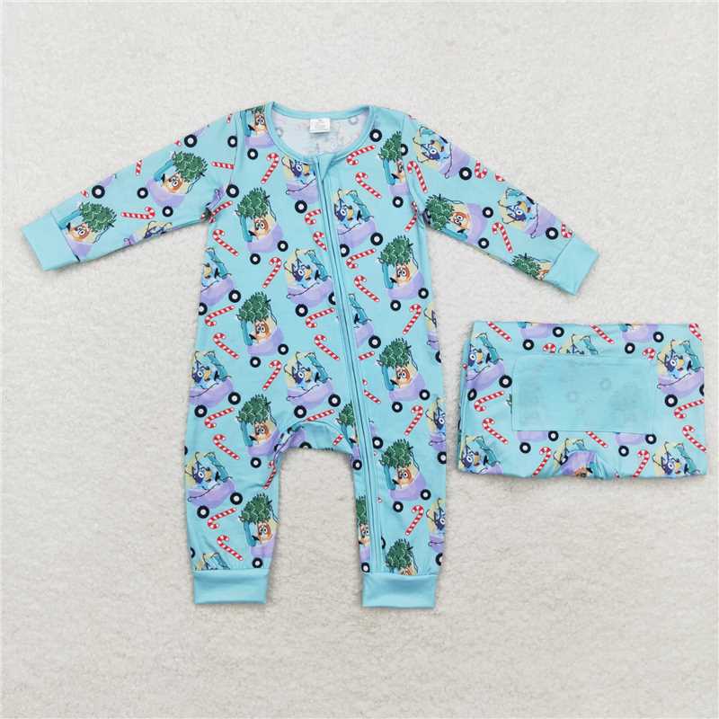 RTS LR1431 bluey Modal Christmas tree car cane blue zipper long sleeve jumpsuit