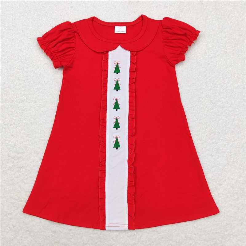 11.15 RTS NO MOQ (In stock)GSD1374 Baby Girls Christmas Tree Red Short Sleeve Knee Length Dresses