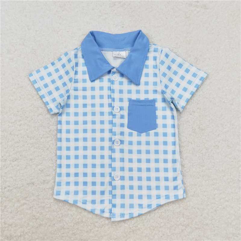 BT0806 Baby Boys Blue Checkered Short Sleeve Tee Shirts Tops