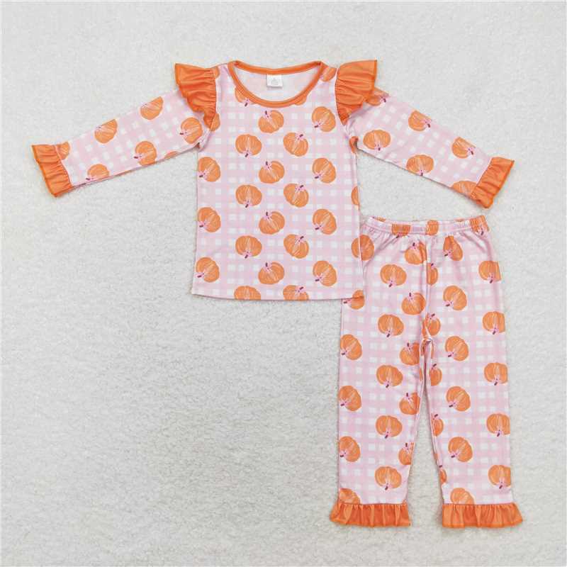 GLP1362Pink plaid pumpkin kids girls bamboo fall pajamas