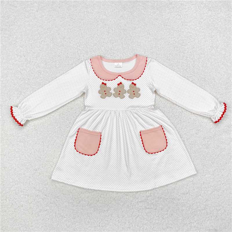 GLD0765 Baby Girls Christmas Dots Pink Gingerbread Knee Length Dresses