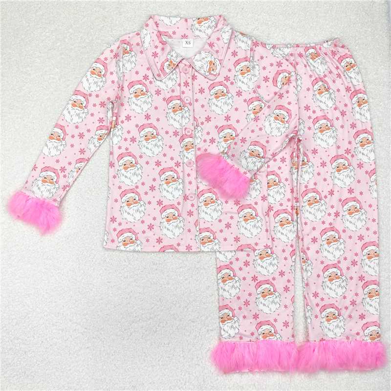 10.20 RTS NO MOQ (In stock)Matching Christmas GLP1901 Adult Women Christmas Pink Santa Fur Tops Pants Pajamas