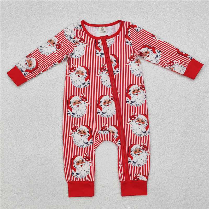 10.31 RTS NO MOQ (In stock)Matching Christmas LR1891 Baby Infant Infant Christmas Red Stripes Santa Zip Rompers