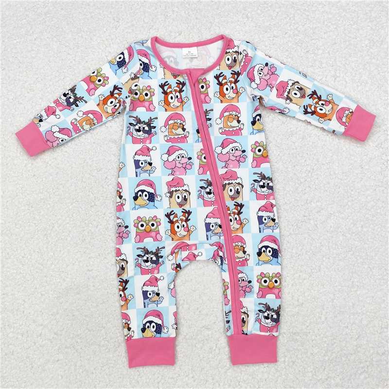 LR1783Pink dog deer Christmas hat baby zipper romper