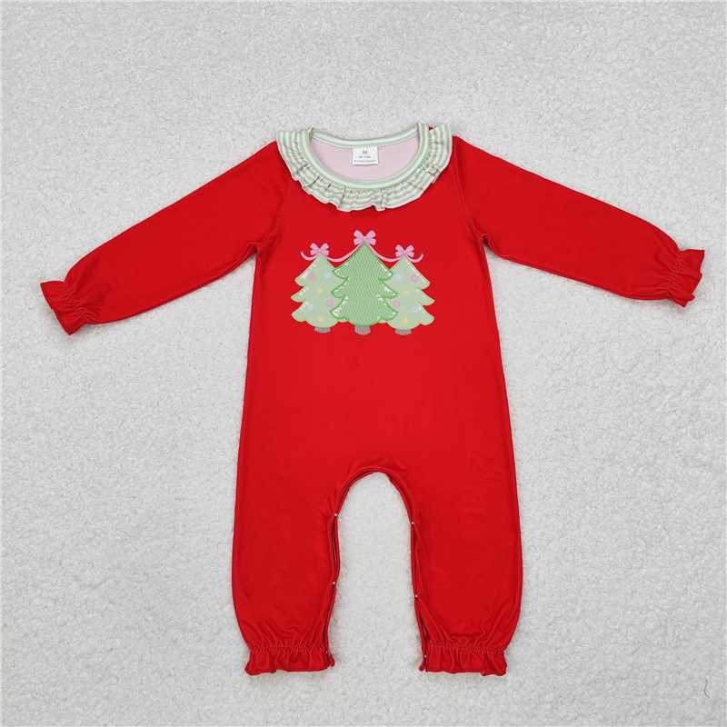 11.29 RTS NO MOQ (In stock)LR1560 Baby Infant Girls Red Christmas Trees Long Sleeve Rompers