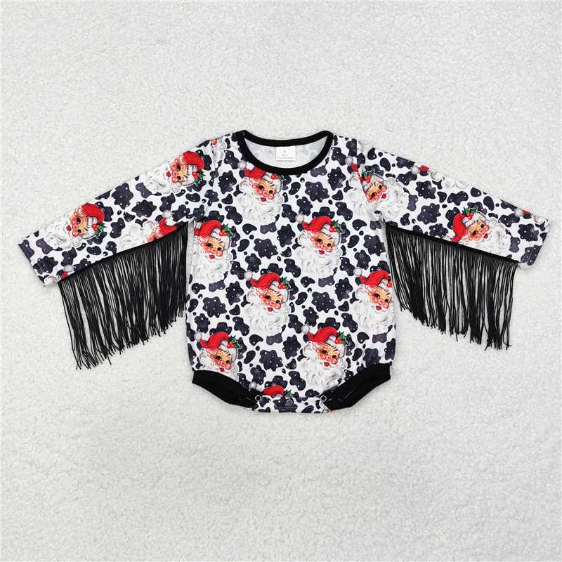 LR1827Cow print santa tassels baby girls Christmas romper