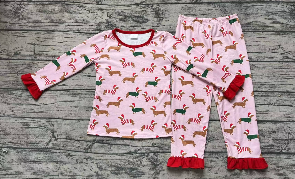 Modal Christmas hat puppy pink long sleeve long pants pajamas set