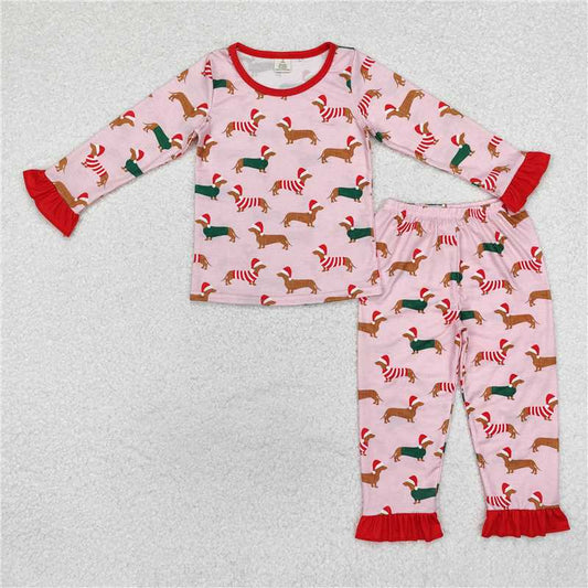 GLP1244Long sleeves Christmas hat dog kids girls pajamas