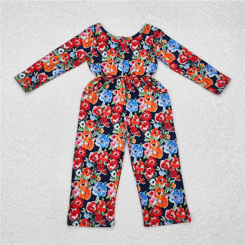 12.12 RTS NO MOQ (In stock)Matching LR1836 Baby Girls Orange Navy Flowers Long Sleeve Fall Jumpsuits
