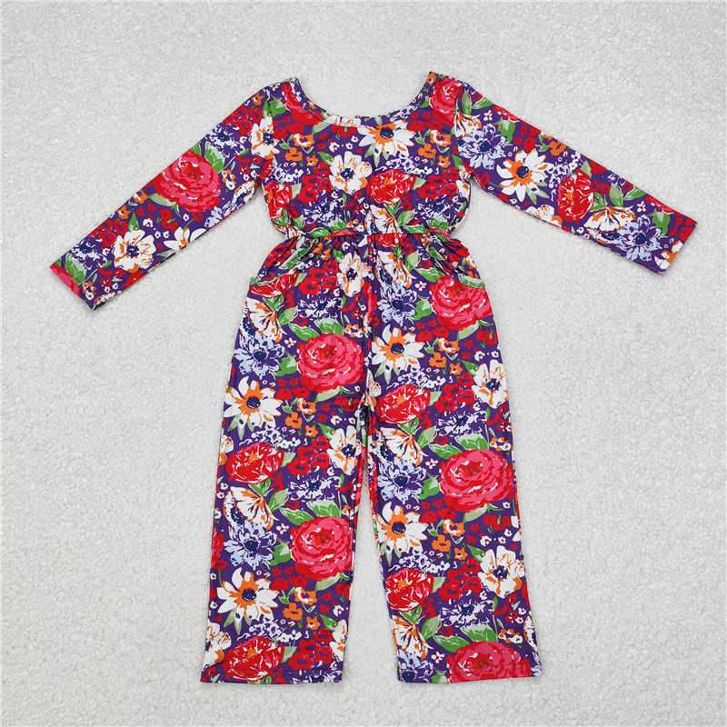 12.12 RTS NO MOQ (In stock)Matching LR1835 Baby Girls Red Purple Flowers Long Sleeve Fall Jumpsuits