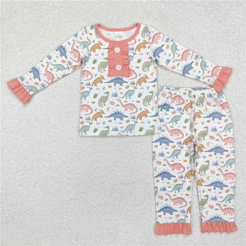 GLP1969Pink ruffle long sleeves dinosaur kids girls pajamas