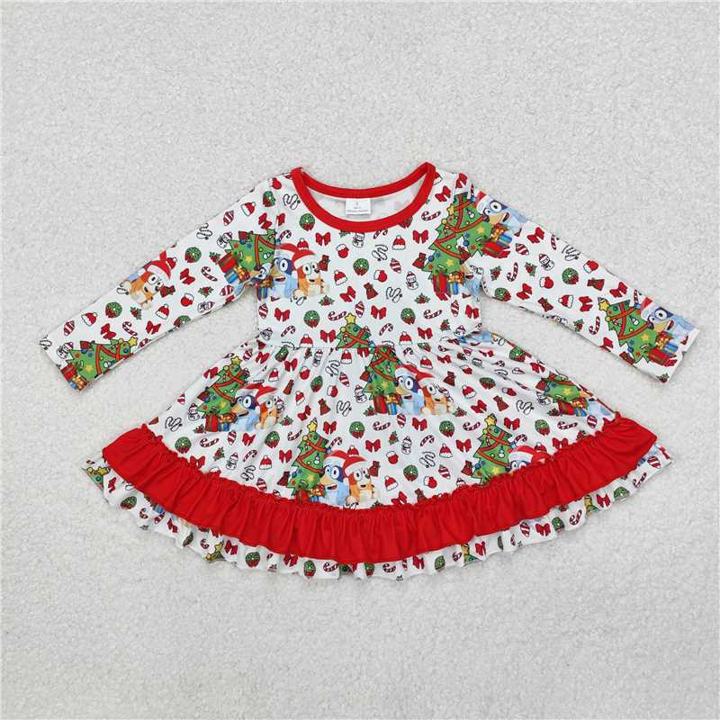 11.21 RTS NO MOQ (In stock)GLD0792 Baby Girls Christmas Dogs Tree Red Knee Length Dresses