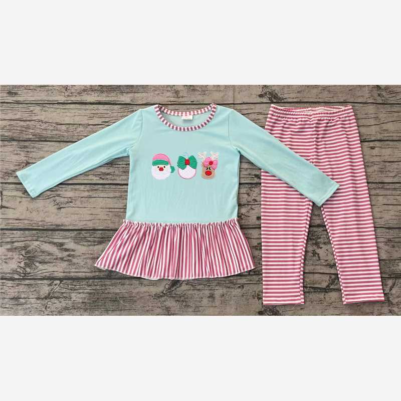 GLP1770 Embroidered Santa Claus reindeer pink lace stripes blue long sleeve trousers suit