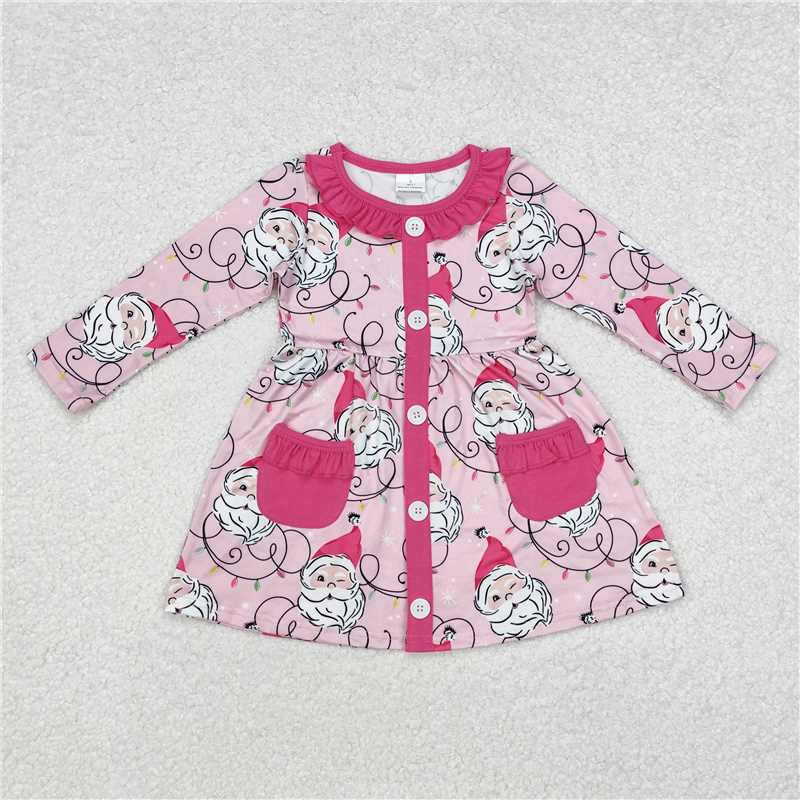 11.21 RTS NO MOQ (In stock)GLD0563 Baby Girls Pink Santas Lights Pockets Knee Length Dresses