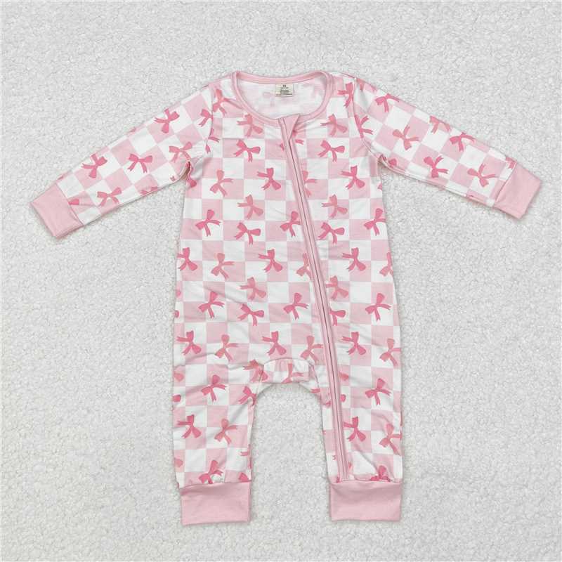 LR1607Long sleeves pink plaid bow baby girls zipper sleeper
