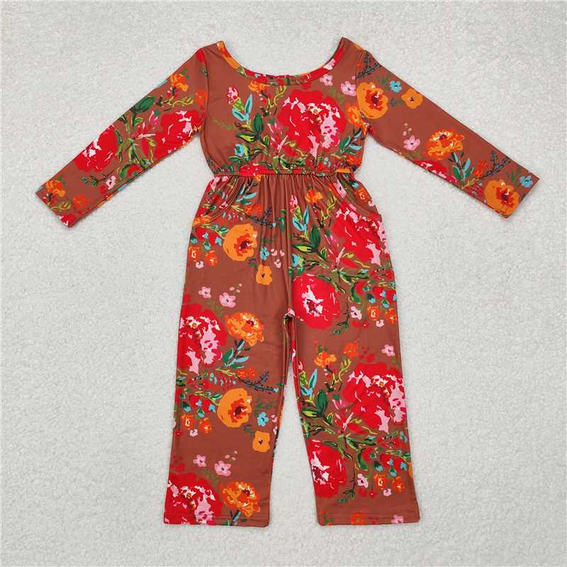 12.12 RTS NO MOQ (In stock)Matching LR1834 Baby Girls Brown Red Flowers Long Sleeve Fall Jumpsuits