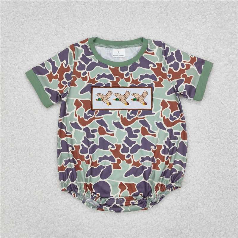SR2011 Baby Infant Boys Green Camo Ducks Short Sleeve Rompers