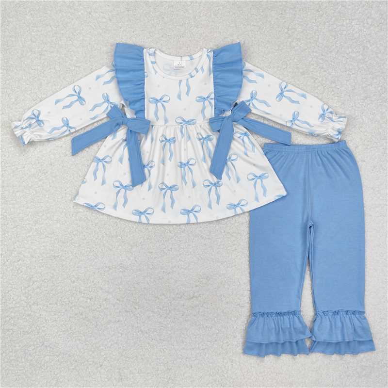 GLP2109 RTS NO MOQ Baby Girls Winter Outfits Light blue bow tunic ruffle pants girls clothing set