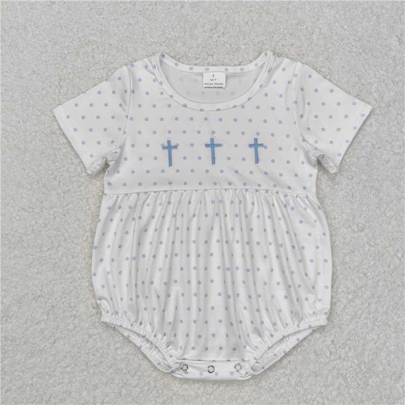 SR2147Light blue polka dots cross baby boy Easter romper