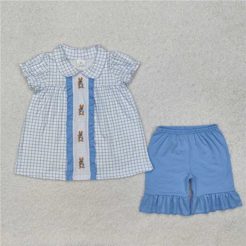 12.25 RTS NO MOQ (In stock)GSSO1583 Baby Girls Easter Blue Checkered Rabbits Top Ruffle Shorts Clothes Sets