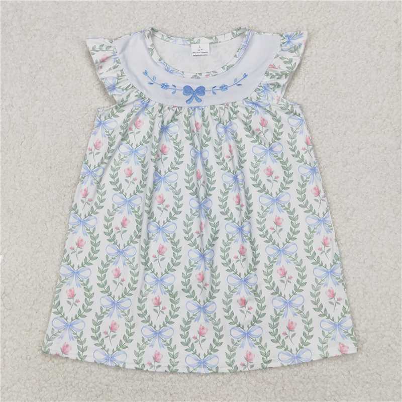11.22 RTS NO MOQ (In stock)Matching GSD1779 Embroidery Baby Girls Spring Bows Leaves Knee Length Dresses
