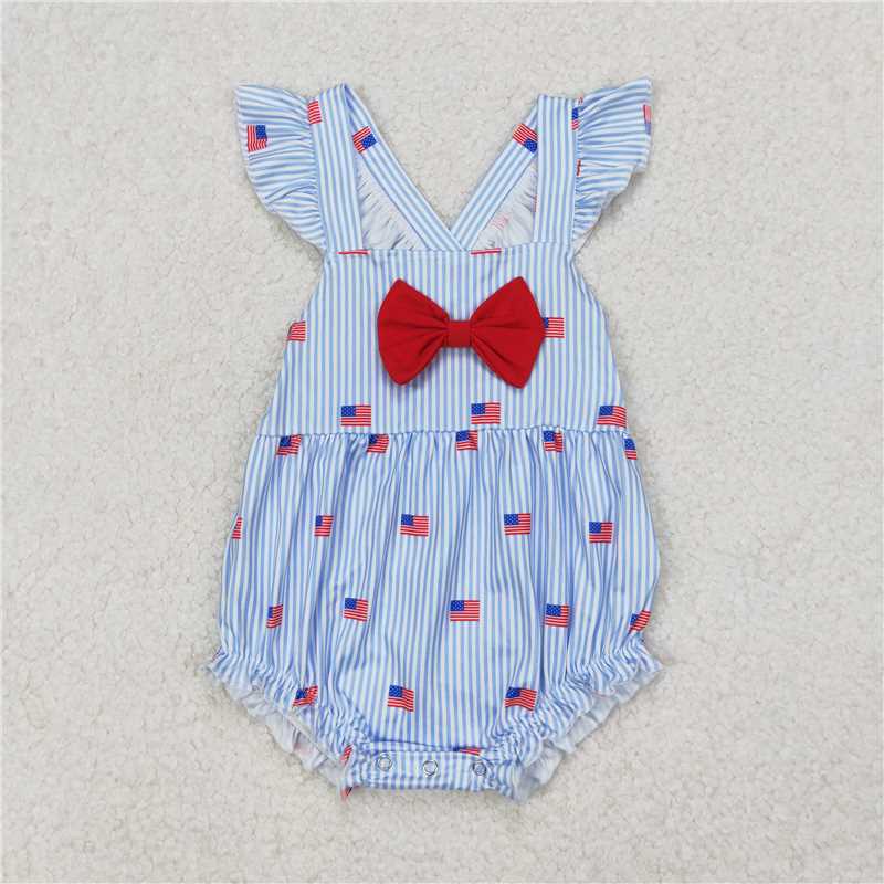 1.5 RTS NO MOQ (In stock)SR2921 4th of July Baby Infant Girls Blue Stripe Flags Bow 4th Of July Rompers
