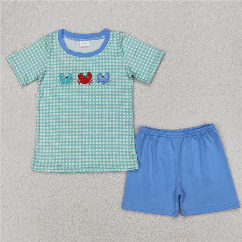 12.29 RTS NO MOQ (In stock)Matching BSSO1279 Embroidery Baby Boys Crabs Checkered Shirts Shorts Clothes Sets