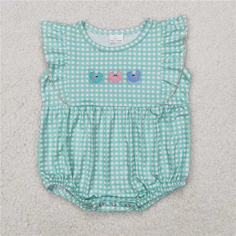 12.29 RTS NO MOQ (In stock)Matching SR2659 Embroidery Baby Infant Girls Green Checkered Crabs Rompers