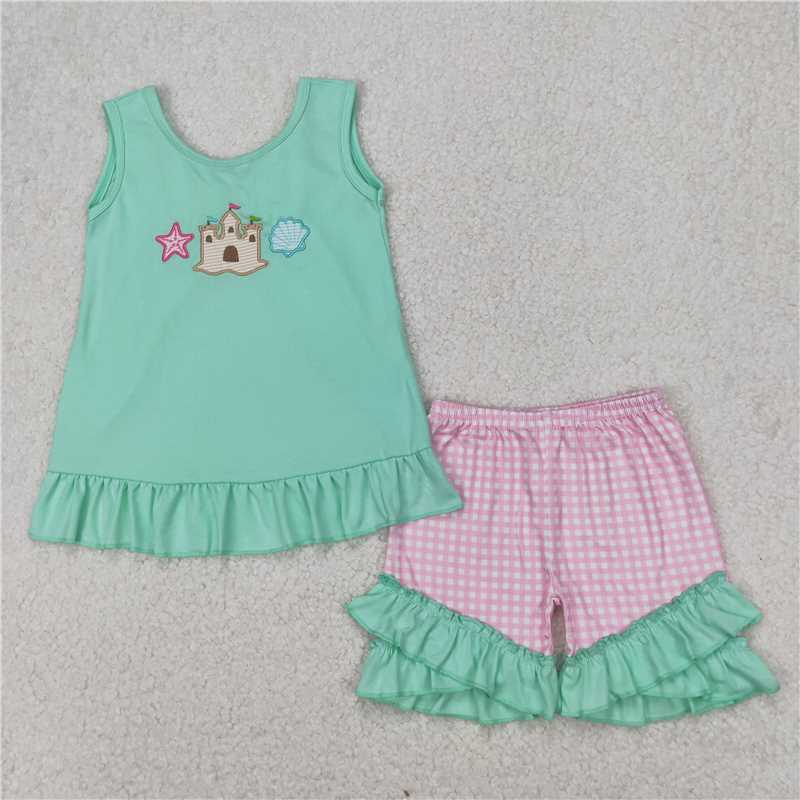 12.30 RTS NO MOQ (In stock)Matching GSSO1983 Embroidery Baby Girls Castle Star Bows Tunic Ruffle Shorts Sets