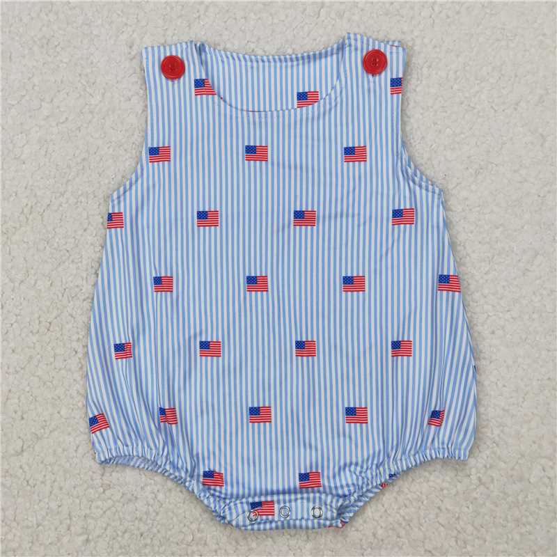 1.10 RTS NO MOQ (In stock)SR2922 4th of July Baby Infant Boys Sleeveless Blue Stripe Flags 4th Of July Rompers