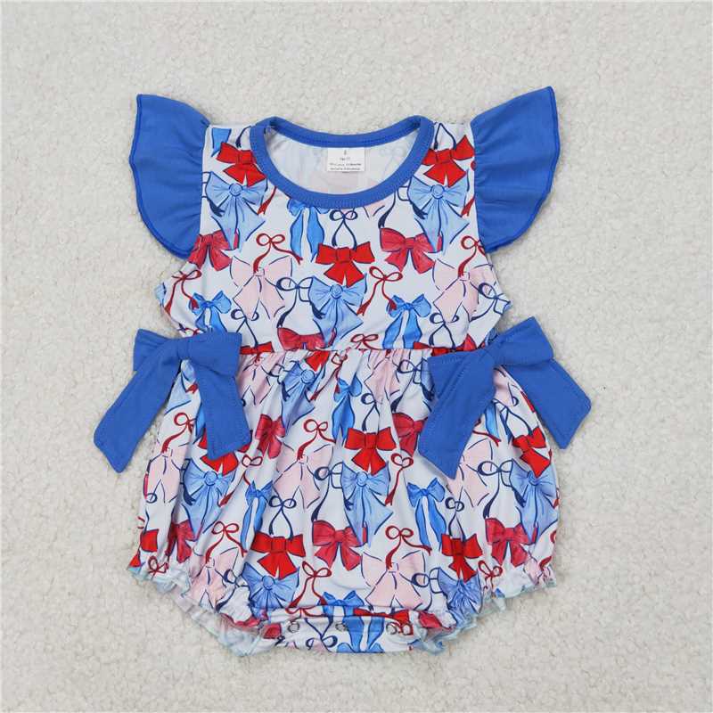 1.5 RTS NO MOQ (In stock)SR2954 4th of July Baby Infant Girls Flutter Sleeves Blue Hot Bows 4th Of July Ruffle Rompers