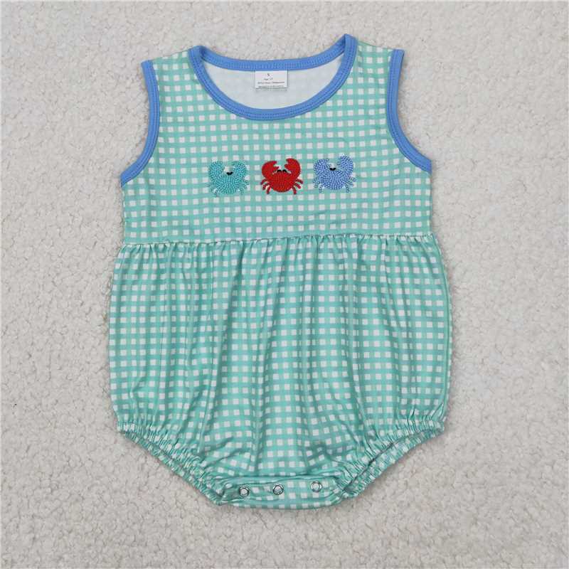 12.29 RTS NO MOQ (In stock)Matching SR2660 Baby Infant Boys Green Checkered Crabs Rompers