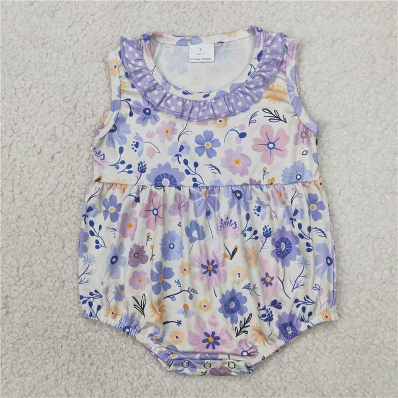 12.19 RTS NO MOQ (In stock)Matching SR2883 Baby Infant Girls Lavender Flowers Sleeveless Rompers