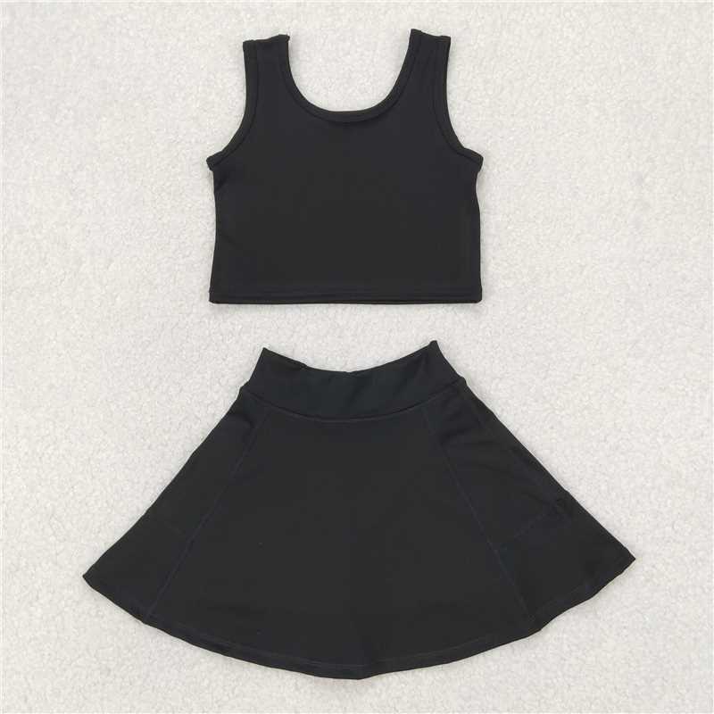 12.18 RTS NO MOQ (In stock)Matching GSD1982 Baby Girls Black Vest Top Yoga Sports Skorts Clothes Sets