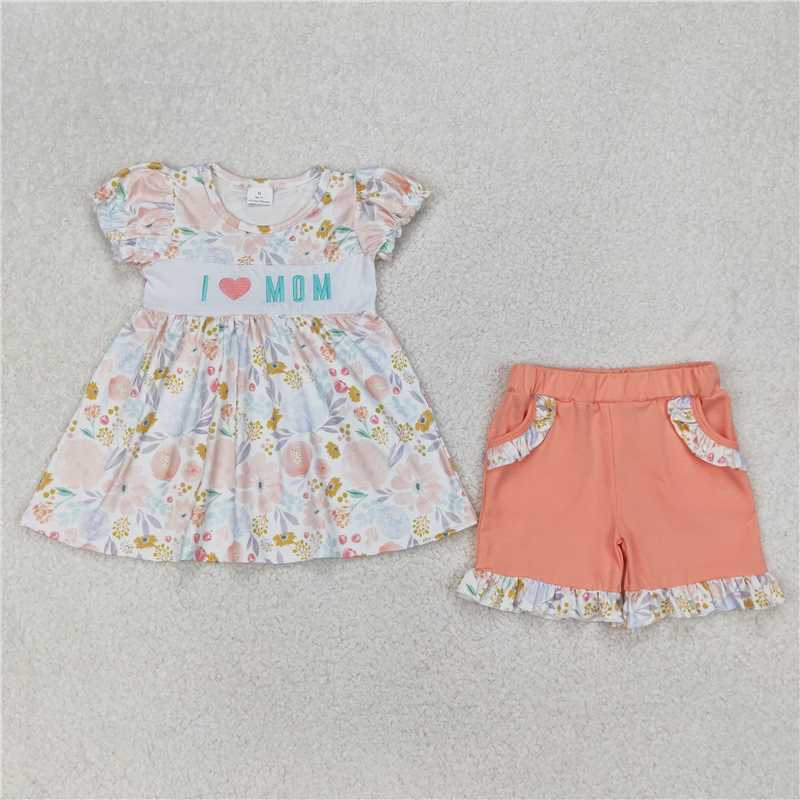 11.5 RTS NO MOQ (In stock)Matching GSSO2408 Embroidery Baby Girls I LOVE MOM Floral Tunic Ruffle Shorts Set