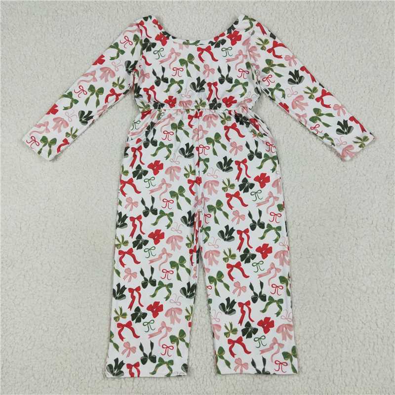 11.29 RTS NO MOQ (In stock)Matching Christmas LR2192 Baby Girls Christmas Colorful Bows Pockets Jumpsuits Rompers