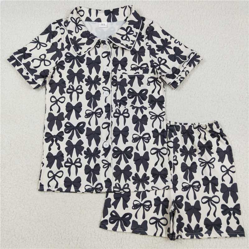 10.29 RTS NO MOQ (In stock)Matching GSSO2664 Adult Women Short Sleeves Black Bows Button Pocket Top Short Pajamas Sets