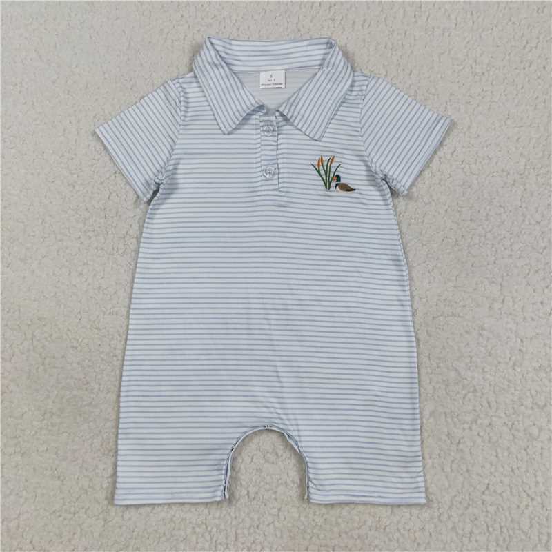 USA Warehouse (IN STOCK) SR3149 Baby Boys Summer Rompers Embroidery Baby Boys Blue Stripe Short Sleeves Duck Button Shorts Rompers