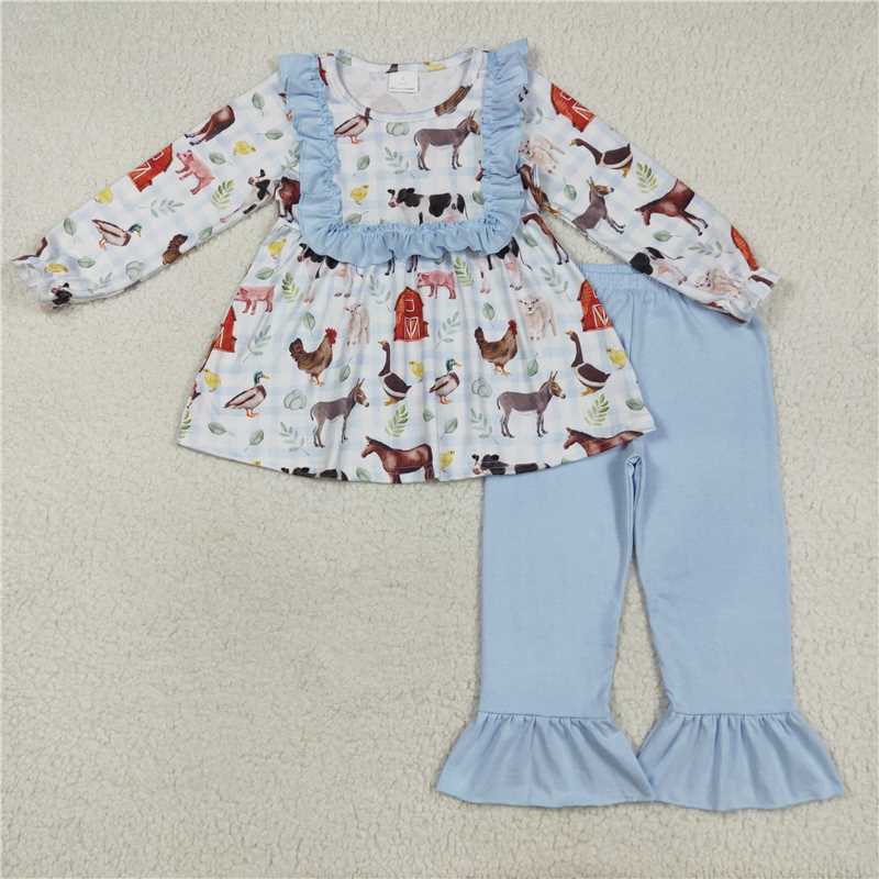 11.14 RTS NO MOQ (In stock)Matching GLP2536 Baby Girls Long Ruffle Sleeves House Chicks Tunic Pant Farm Sets