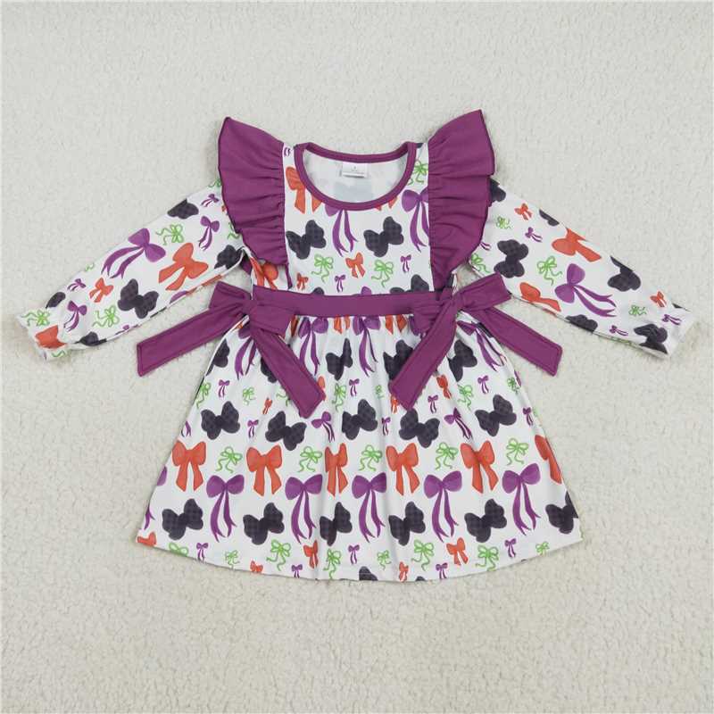 12.1 RTS NO MOQ (In stock)Matching GLD1113 Baby Girls Halloween Colorful Bows Knee Length Dresses