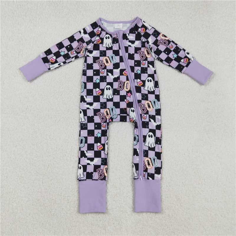 11.8 RTS NO MOQ (In stock)Matching LR2541 Baby Girls Black Plaid Ghosts Candy Halloween Zipper Footie Rompers